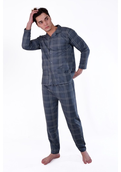 Aysun Tekstil Pamuklu Kumaştan Geniş Kesim Önden Komple Açık Ceket Yaka Pijama