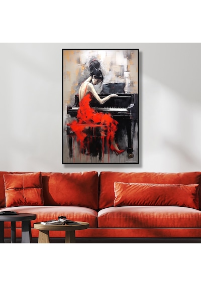 Yağlı Boya Dokulu Tablo Kırmızı Elbiseli Piyano Çalan Kadın Siyah Çerçeveli U05004-178956