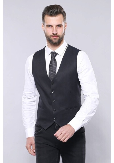 Düz Koyu Lacivert Slim Fit Ceket Yelek Set Wessi 001