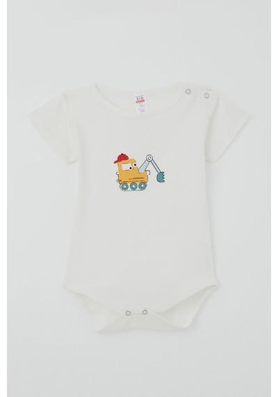 Breeze Erkek Çocuk Çıtçıtlı Kısa Kollu Zıbın Body Şapkalı Sevimli İş Makinesi Baskılı 1-3 Yaş , Ekru