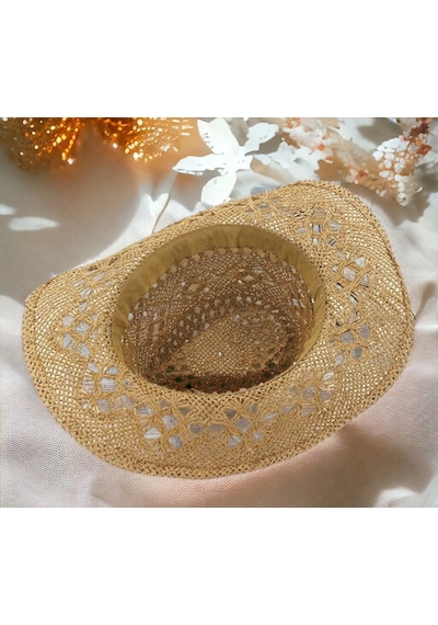 Shopiolog Geniş Kenarlı Etnik Dokulu Uv Korumalı Hasır Kovboy Şapka Camel