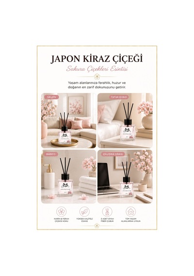 Rosie Japon Kiraz Çiçeği Çubuklu Oda Kokusu, Premium Cam Şişe, Kalıcı Ortam Kokusu, Dekoratif Reed Diffuser