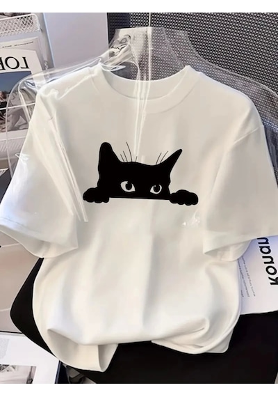 Modi Baskılı Oversize Bisiklet Yaka T-shirt - Beyaz - Mymg158937