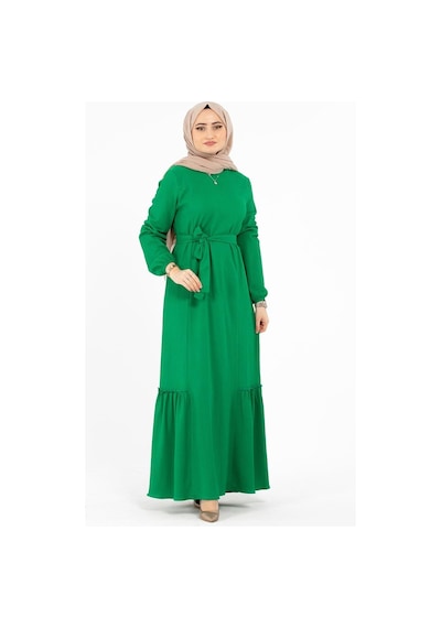 Sevitli Beli Kemerli Bürümcük Elbise - Yeşil-1416-kiremit Kiremit Sevitli Beli Kemerli Bürümcük Elbise - Yeşil-1416-kiremit Kiremit