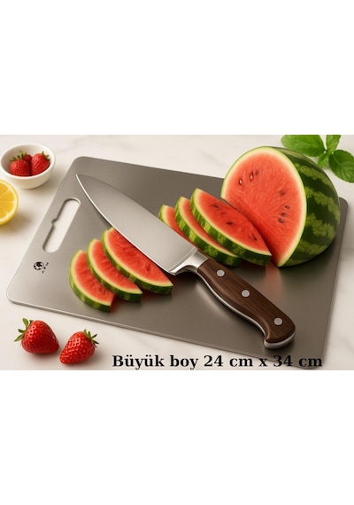Paslanmaz Çelik Antibakteriyel Kesme Tahtası 304 Kalite - Büyük Boy 24x34 Cm Gri