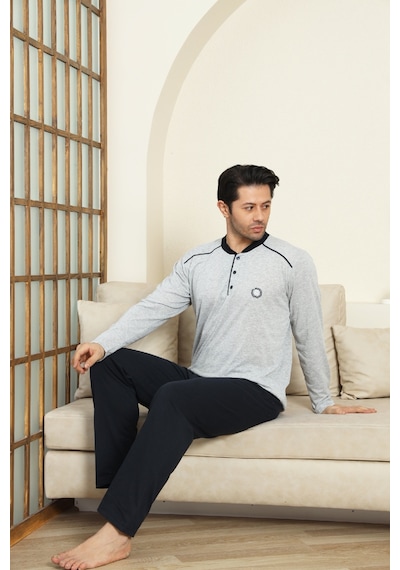 Enisena Erkek %100 Pamuklu Pijama Takımı-3 Düğmeli-12440 Gri