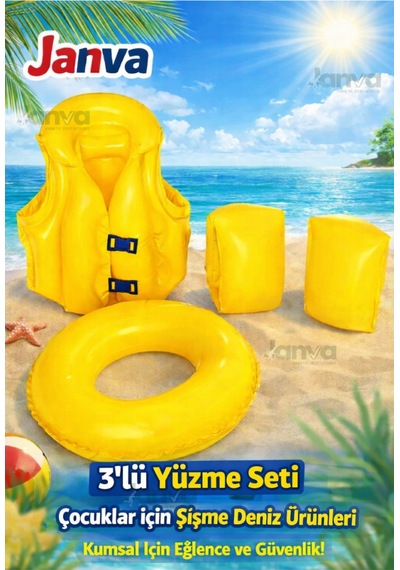 Çocuk Yüzme Seti Can Yeleği Simit Ve Kolluk 3 Lü Set Havuz Deniz Öğrenme Alıştırma Sarı