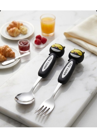 Sevimli Figürlü Premium Çocuk Bpa Free Paslanmaz Çelik Uçlu Çatal-kaşık Set 24+ Ay Siyah