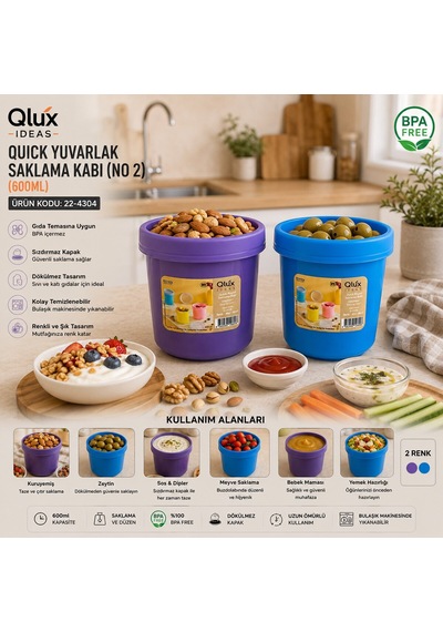 Qlux L-01015 No-2 Quick Yuvarlak Saklama Kabı Ve Kase - Kapaklı Renkli 600 Ml- 12'li Paket Diğer