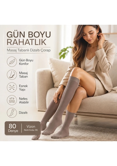 Elitse Kadın 6 Lı Anne Masaj Tabanlı Dizaltı Çorap 80 Denye Esnek Rahat Günlük Kullanım Vizon