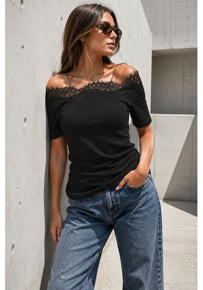 Siyah Dantelli Madonna Yaka Slim Fit Tişört Mg2743