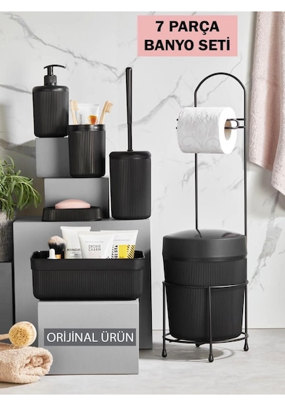 7 Parça Banyo Seti Çöp Kovalı Tuvalet Kağıtlığı Ve Fırçası - Kozmetik Kutusu - Diş Fırçalık - Katı Ve Sıvı Sabunluklar Siyah