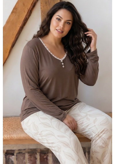 Siyah İnci Desenli Düğmeli Büyük Beden Battal Boy Viskon Örme Pijama Takım 26224807 Vizon
