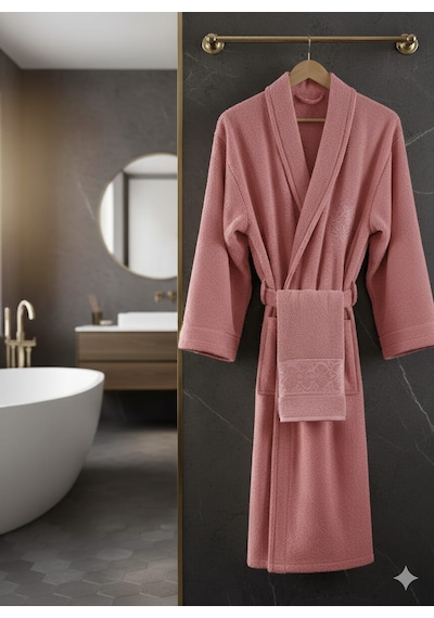 Belinis %100 Pamuk Otel & Spa Kalitesinde Yumuşak Yüksek Su Emici 1 Adet Bornoz 1 Adet 50 X90 Cm Havlu Renk Gri Gülkurusu
