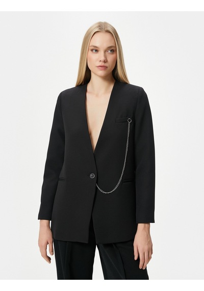 Koton Blazer Ceket Tek Düğmeli Fleto Cepli Zincirli Siyah 4wak50171uw Siyah