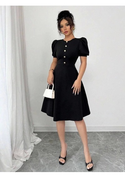 Defymoda Kadın Kısa Kollu Bisiklet Yaka Önden Düğmeli Ithal Krep Elbise Siyah