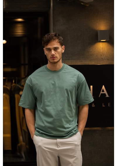 Gravel Oversize Bisiklet Yaka Pamuklu T-shirt - Su Yeşili Su Yeşili