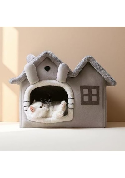 Villa Kedi Evi Peluş Kapalı Kedi Yatağı Minderli Katlanır Gri