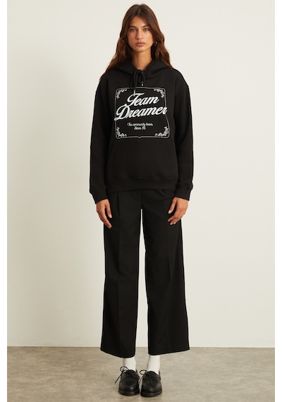 Grimelange Sabine Kadın Baskı Detaylı İçi Polarlı Kapüşonlu Kanguru Cepli Relaxed Fit Siyah Sweatshirt
