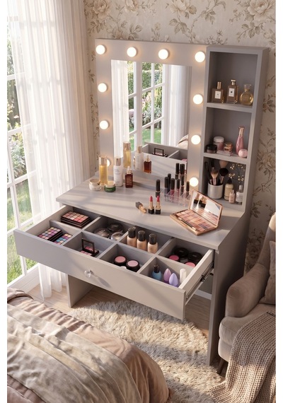Yurudesign Monroe Makyaj Masası Çekmeceli Düzenleyici Hollywood Led Işıklı Raflı Kumsal Mo3-co Yurudesign Monroe Makyaj Masası Çekmeceli Düzenleyici Hollywood Led Işıklı Raflı Kumsal Mo3-co