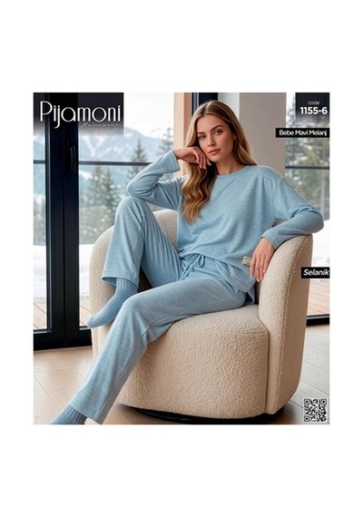 Pijamoni Kadın Bisiklet Yaka Uzun Kol Selanik Kışlık Pijama Takımı 1155-6 - 1 Adet Mavi