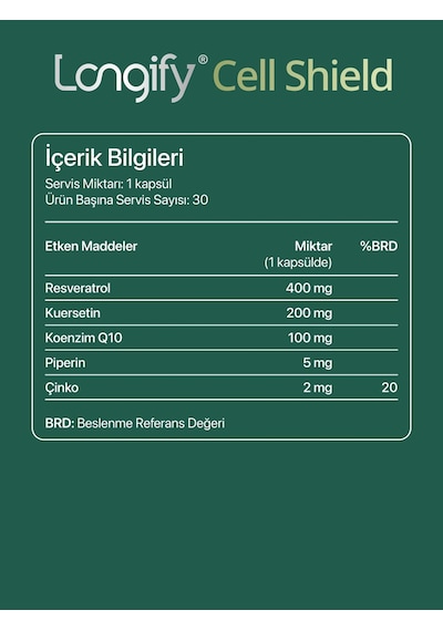 Cell Shield Resveratrol, Koenzim Q10, Kuersetin, Piperin, Çinko Takviye Edici Gıda 30 Kapsül