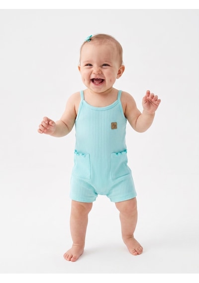 HelloBaby Pamuklu İp Askılı Cep Detaylı Kız Bebek Tulum Mavi