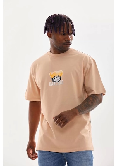 Unisex Baskılı Oversize T-shirt - Bej Bej