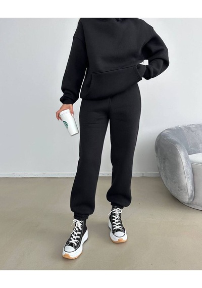 Baskısız Eşofman Takımı Sweatshirt Jogger - Siyah Oversize Şardonlu Kapüşonlu Siyah
