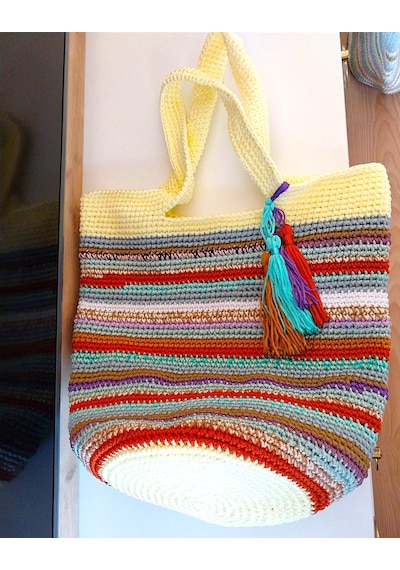 Kemzey Handmade Çizgili Büyük Kol Çantası , El Yapımı Örgü Çanta Kahverengi - Sarı