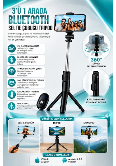 Concord 3'ü 1 Arada Bluetooth Selfie Çubuğu Tripod Kumandalı Telefon Tutucu Monopod 360 Döner Siyah