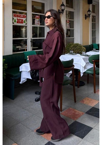 Seeh Bordo Uzun Kollu Oversize Kadın Takım Sh338 Standart