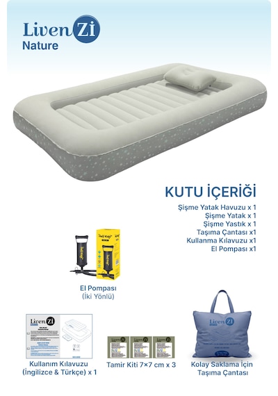Livenzi Nature Çocuk Şişme Yatak & Yastık + Manuel Şişirme Pompası 160 105 24 Cm Bej