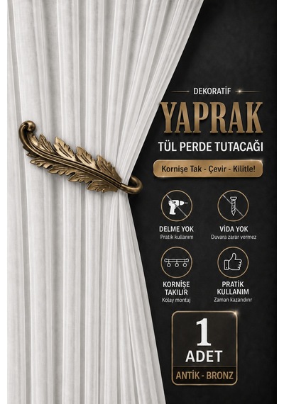 Dekoratif Yaprak Tül Perde Tutacağı Kornişe Takılan Hayalet Kol Bağı Delme Vida Yok 1 Adet Bronz