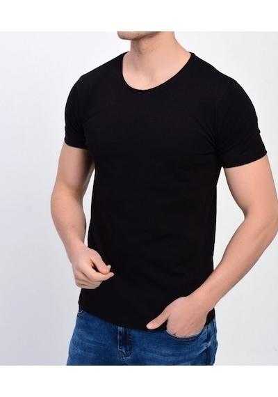 Nacar Store Erkek Siyah Bisiklet Yaka Likralı Basic T-shirt