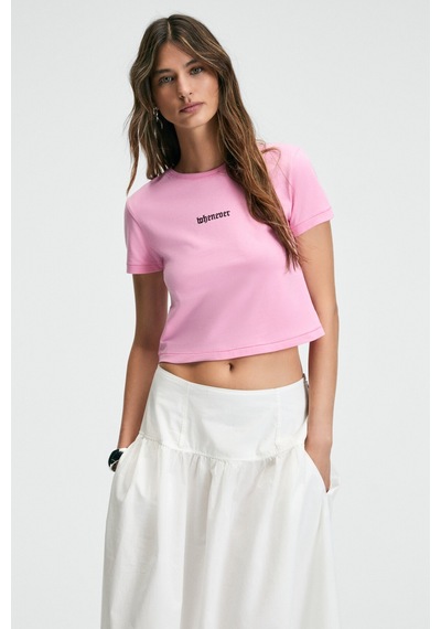 Ethıquet ZERAYA Kadın Bisiklet Yaka Kısa Kollu Önde Nakış Detaylı Crop Pembe T-Shirt