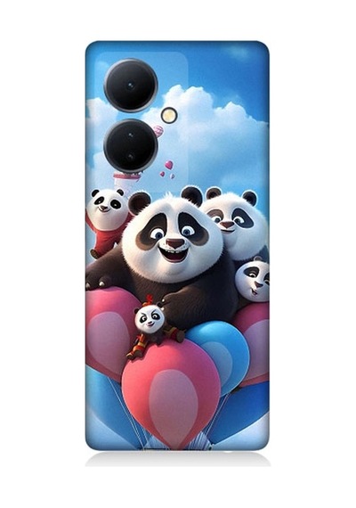 Vivo V29 Lite Uyumlu Sevimli Pana Ailesi Uçan Balon Desenli Silikon Kılıf