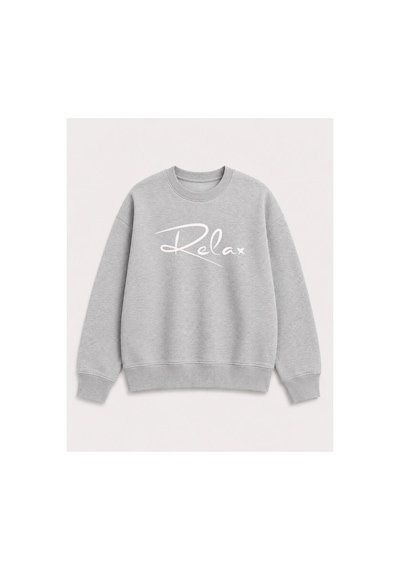 Herkesemoda Relax Yazılı Baskı Detaylı Şardonlu 2 İplik Bisiklet Yaka Sweatshirt Gri