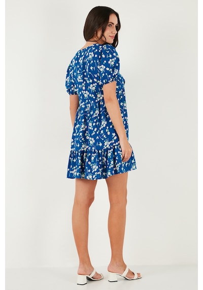 Lela Regular Fit V Yaka Balon Kol Desenli Mini Bayan Elbise 67810045 Koyu Mavi