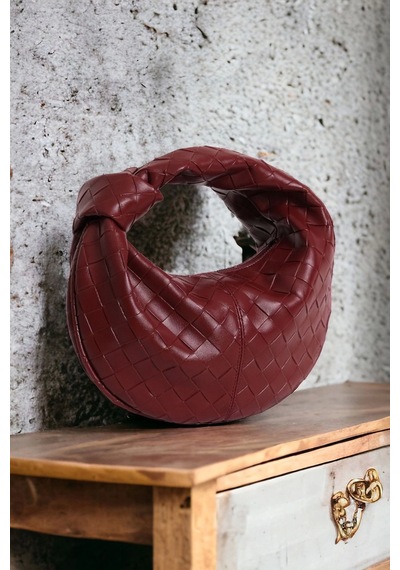 Glemix Helen Düğümlü Bordo Örgü Desen Trend Mini Kadın Bowl Bag Bordo Örgü Cilt
