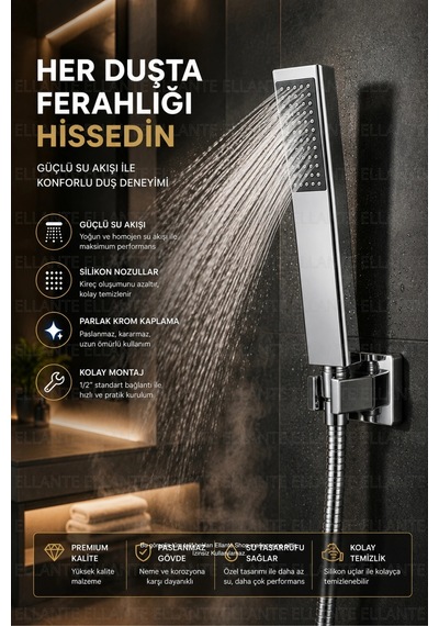 Kare El Duşu Başlığı Krom Paslanmaz Güçlü Su Akışlı Silikon Nozullu 1/2'' Universal Bağlantı Çok Renkli