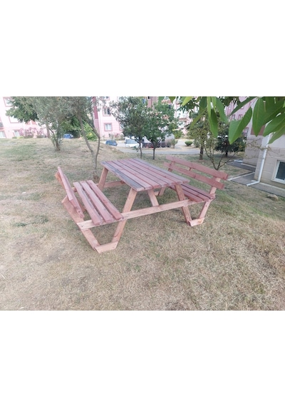 Şen Mobilya Ahşap Bahçe Masası Banklı Masa Piknik Masası P5 Maun