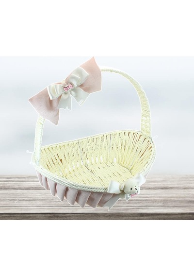 Saplı Oval Kumaş Süslü Sepet 36 Cm Orta Boy Pembe