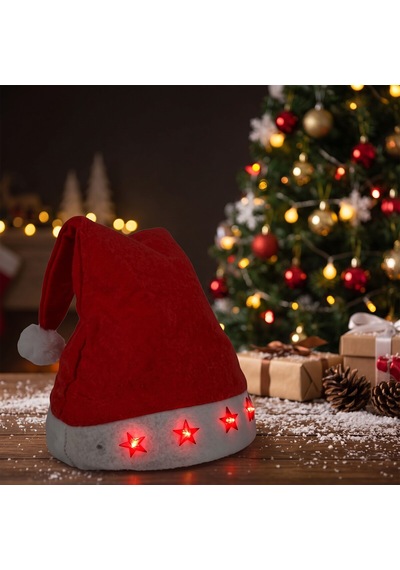 Led Işıklı Noel Baba Şapkası Kırmızı Beyaz Peluş, Yıldız Işıklı Yılbaşı Parti Aksesuarı - 9005143003056
