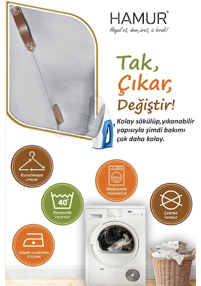 Yıkanabilir Puf Tabure Kılıfı Tak-Çıkar-Değiştir-Yenile Orta Sehpa Kılıfı Kc Meek Gri