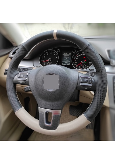 Volkswagen Jetta Uyumlu Özel Kombin Nokta Alt Koyu Bej Yüzüklü Dikmeli Deri Direksiyon Kılıfı