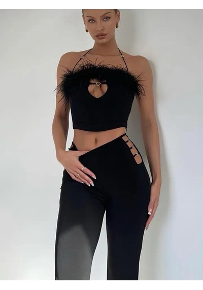 Pink Life Siyah Kalp Aksesuarlı Tüy Detaylı İkili Takım Siyah