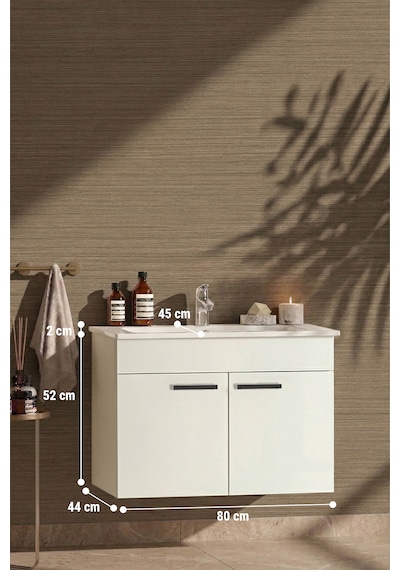 Özceden Petunya 80 Cm Beyaz Mdf Seramik Lavabolu Asma Banyo Alt Dolabı