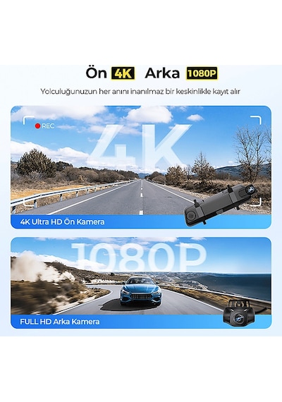 Azdome Ar09 4k 2 Kameralı 9.6 İnç Dokunmatik Ekran Tam Ayna Araç İçi Kamera