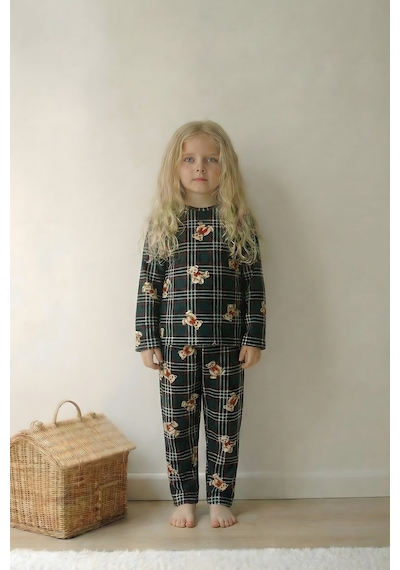 Esila Kids Kız Çocuk Pijama Takımı Uzun Kollu Ayıcık Desenli Yeşil